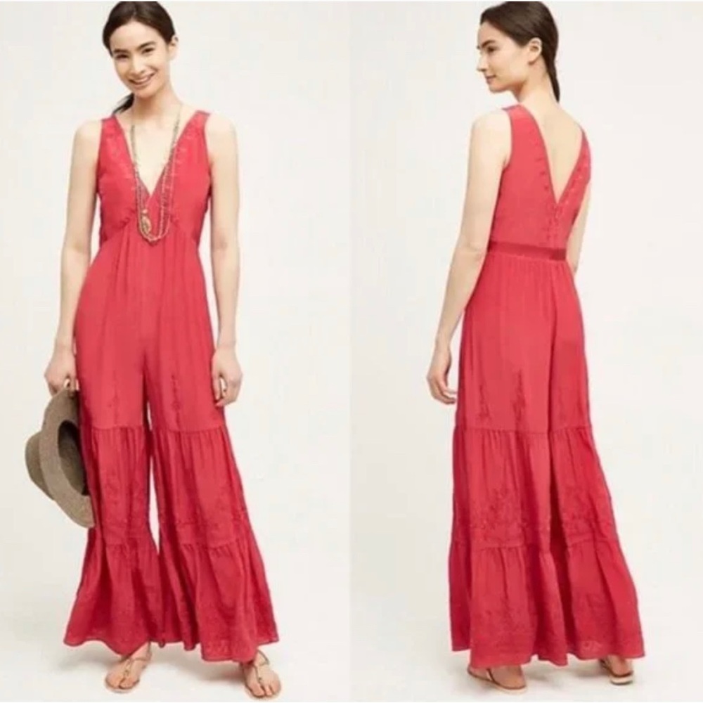 Anthropologie Elevenses Berry Colored Silk Jumpsuit, Size XL.